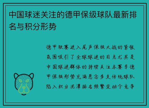 中国球迷关注的德甲保级球队最新排名与积分形势